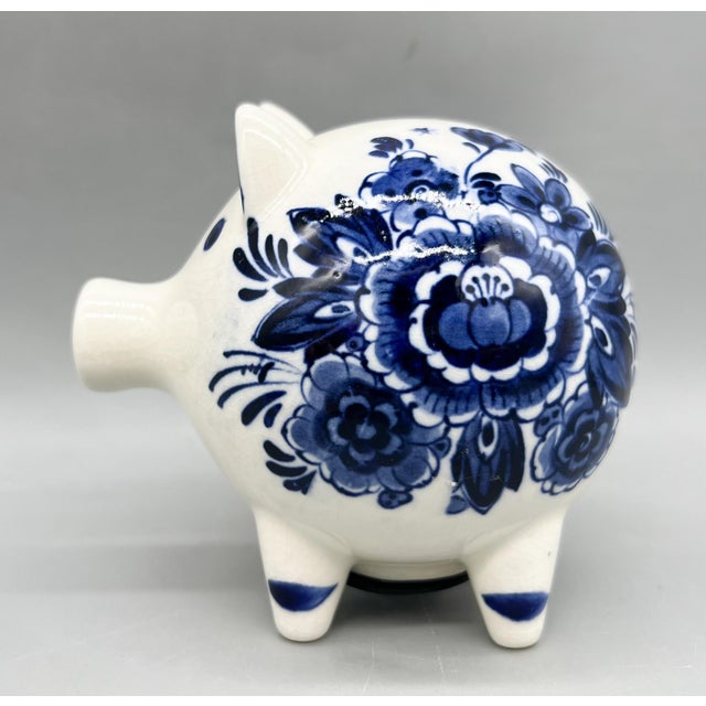 Late 20th Century Vintage Blue and White Delft Style Floral Ceramic Piggy Bank – Dutch Colonial, Folk Art For Sale - Image 5 of 9