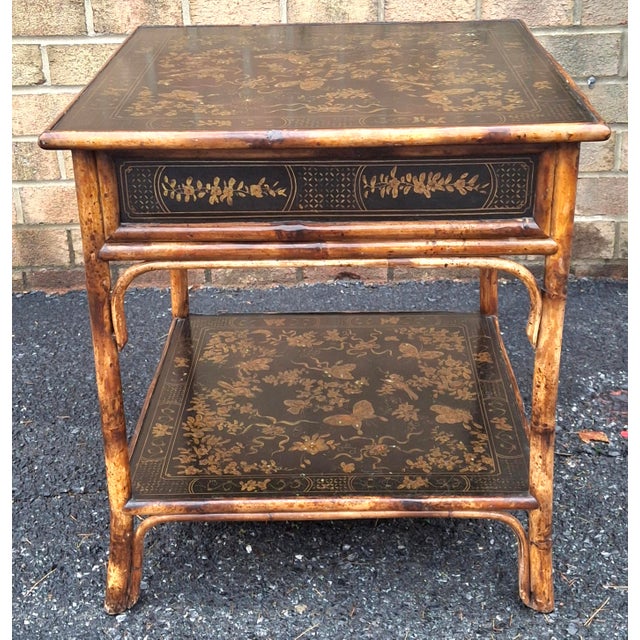 Late 20th Century Theodore Alexander Black Japanned and Ornate Bamboo Single Drawer Tier Side Table For Sale - Image 9 of 18