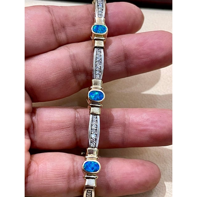 Natural Opal & Diamond Tennis Bracelet 14 Karat Two Tone Gold For Sale - Image 4 of 18