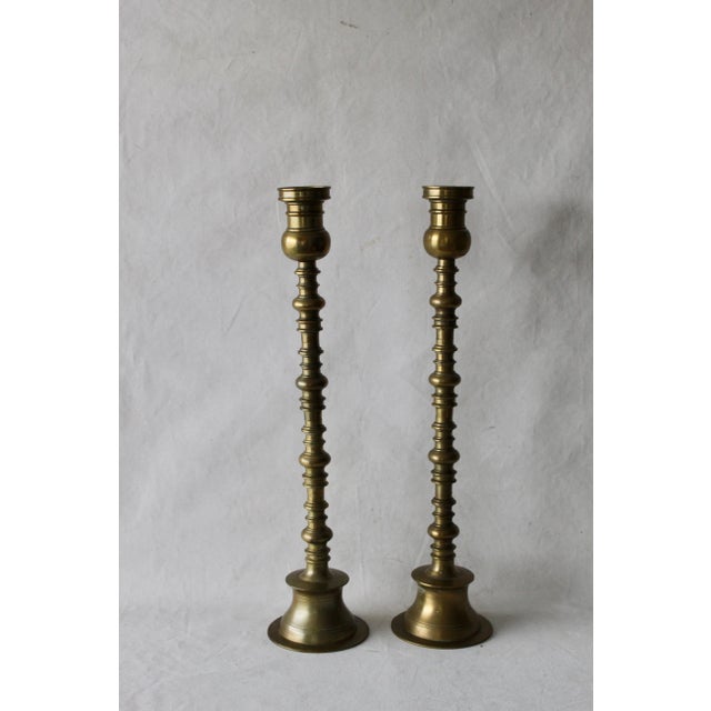 Vintage Mid Century Large Brass Altar Floor Candle Holders Patina, a pair
