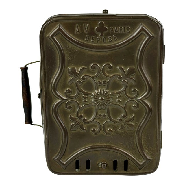 Antique French Metal Portable Chaufferette Coal Box With Wooden Handle to Warm Hands While Tatting C1800's For Sale