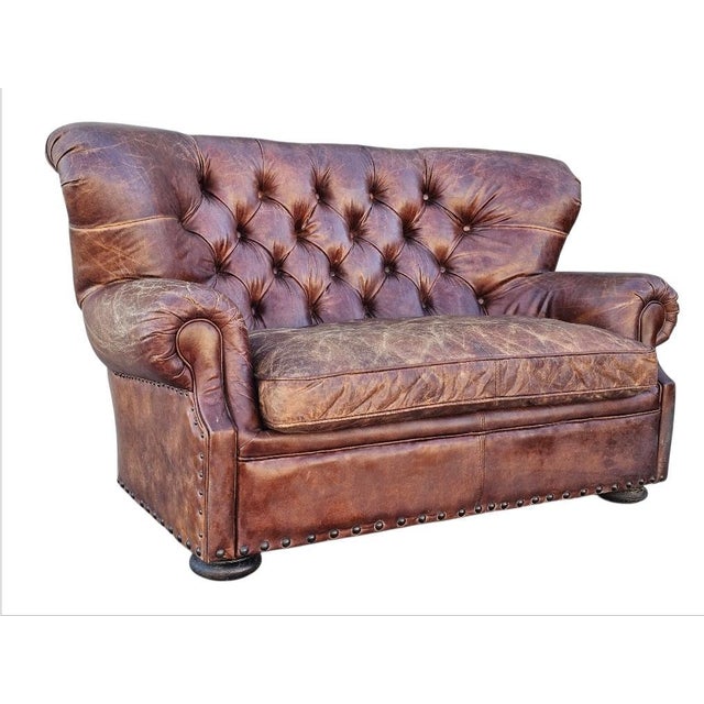5 Foot Restoration Hardware Churchill Tufted Leather Sofa Loveseat For Sale - Image 15 of 18