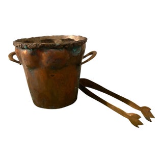 Antique Solid Copper Ice Bucket With Copper Tongs For Sale