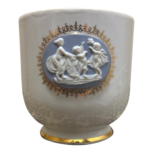Vintage Candrea Japan Porcelain Cherub/Angel Medallion Cup With 22k Gold Gilt Accents, Wedgwood Style For Sale