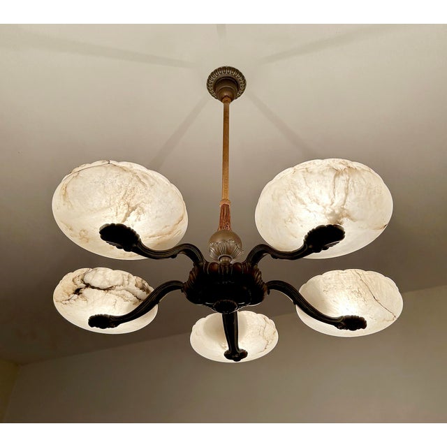 Large Art Deco Alabaster and Bronze Chandelier, 1930s For Sale - Image 4 of 18