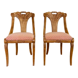 Vintage Carved Wood Fan Back Chairs, Pair