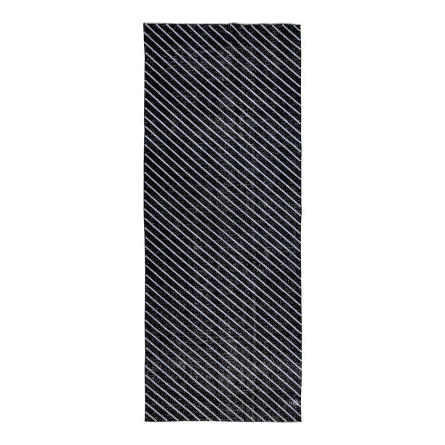 Modern Turkish Handmade Diagonal Line Pattern Black Gallery Wool Rug For Sale