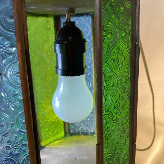 1940s 1940s Vintage Stained Glass and Brass Church Pendant Light Fixtures a Pair For Sale - Image 5 of 12