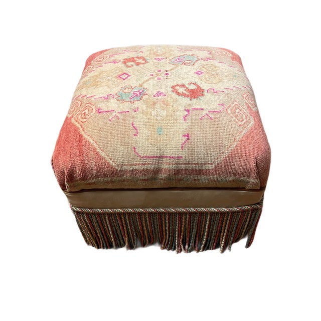 French Provincial Vintage Turkish Rug Footstool/Ottoman W/ Bullion Trim For Sale - Image 3 of 7