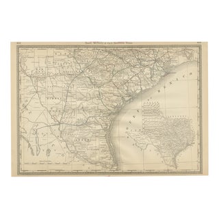 Antique Map of Southern Texas Railroads, Counties and Settlements, 1888 For Sale