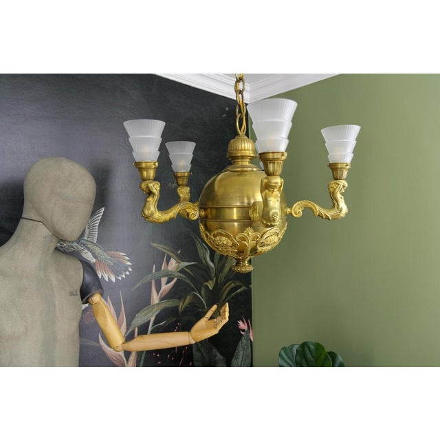 Art Deco Bronze and Frosted Glass Chandelier, 1920 For Sale - Image 16 of 18