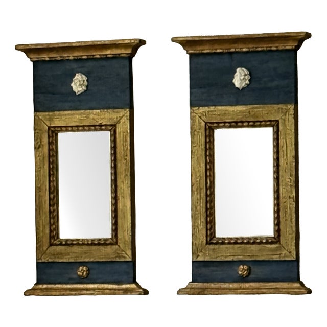 Vintage Blue and Gold Gustavian Twin Mirrors, Set of 2 For Sale