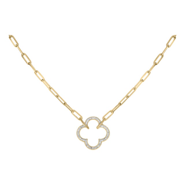 Gold Vermeil 1/10 Cttw Diamond Paperclip Chain Clover Pendant Necklace For Sale