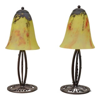 Pair of E. Gauthier & Daum French Art Deco Lamps 1920s - Yellow Mottled Glass & Iron For Sale