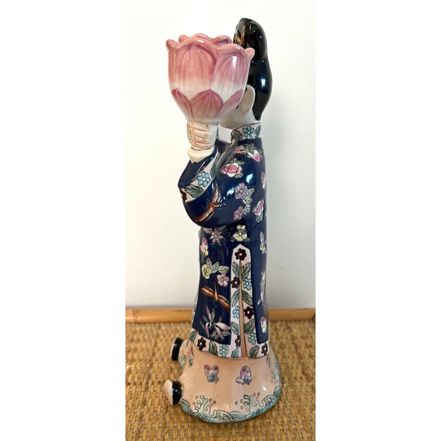 Mid 20th Century Chinese Export Famille Rose Figural Candlestick Lotus Candle Holder For Sale - Image 5 of 11