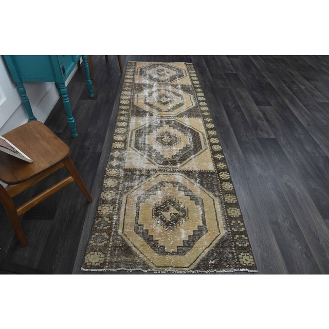 Turkish 1970s Vintage Turkish Handmade Wool Cotton Brown Runner Rug For Sale - Image 3 of 11
