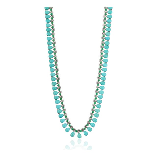 Contemporary 47.9ct Turquoise, Emerald & 2.1ct Diamond 14k White Gold Wedding Necklace For Sale