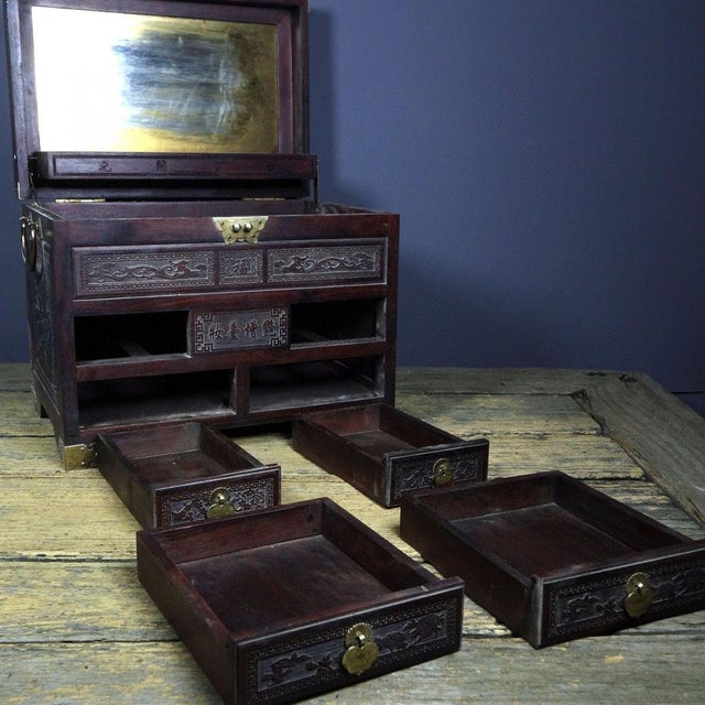 1980s Vintage Rosewood Jewelry Box / Vanity Chest With Brass Hardware & Carved Drawers For Sale - Image 5 of 9