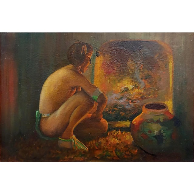 Native American 1950s Native American Oil Painting, Taos Pueblo Indian by the Fireplace For Sale - Image 3 of 9