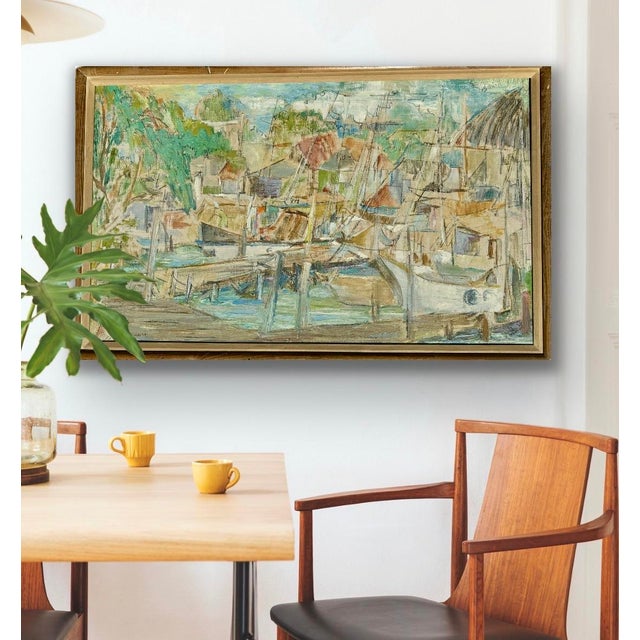 Vintage Boat Harbor Marina Painting Helen Silesky 1959 Boats in Florida Marina Cubist Mid Century Modern For Sale - Image 11 of 12