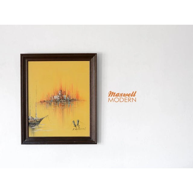 Stunning signed brutalist painting of a floating city on an island by A. Anderson. Nicely framed with dark finish wood....