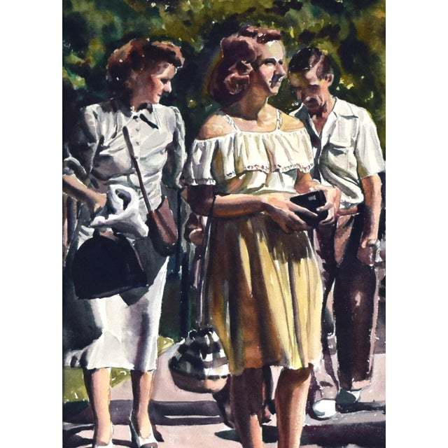 1940s Large Watercolor Painting of People Walking in Park by Stephen Horvath 1949 For Sale - Image 5 of 7