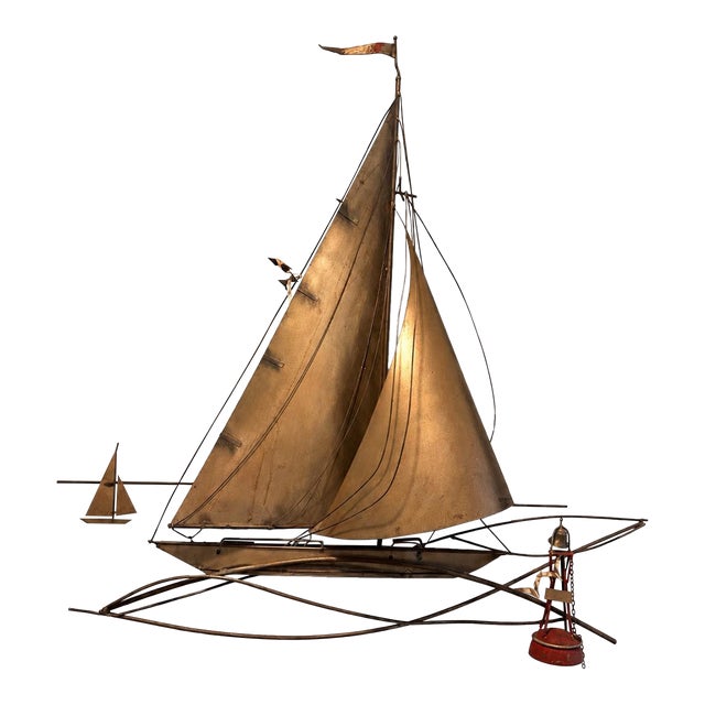 Vintage Curtis Jere/Artisan House Signed 1977 Brass Sailboat & Buoy Wall Sculpture For Sale