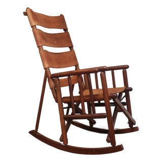 Mid-Century Modern Costa Rican Leather Campaign Folding Rocking Chair For Sale