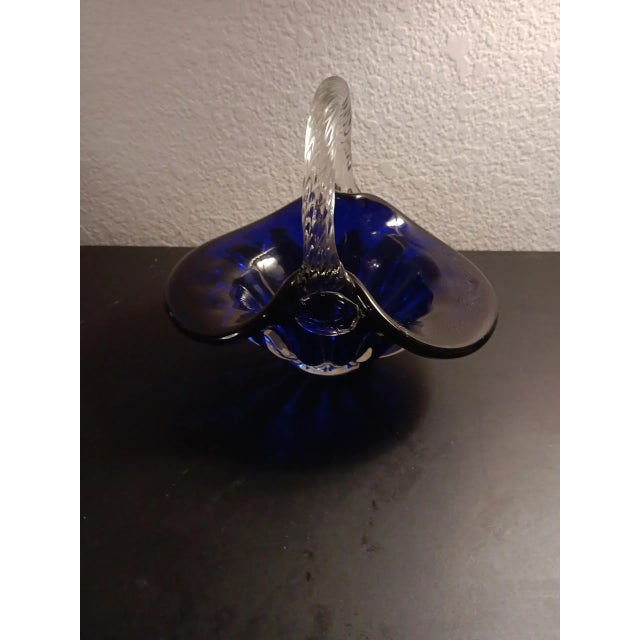 1980s 1980s Signed Flygsfors Coquille Sweden Cobalt Glass Basket For Sale - Image 5 of 8