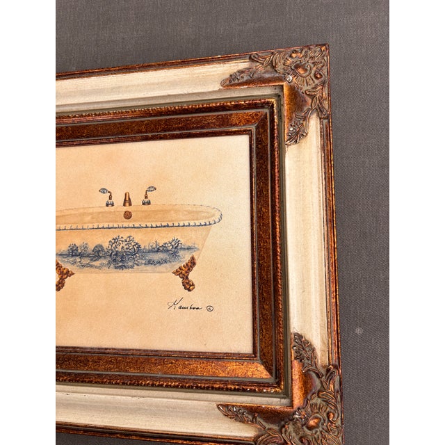 1980s Pair of Vintage Consuelo Gamboa Bath Display Framed Canvas Prints in Ornate Antiqued Gold Frames| French Country Bathroom Wall Art For Sale - Image 5 of 12