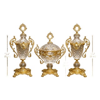 French Rococo Decor | Gilt Bronze Crystal Garniture Set Of 3 For Sale
