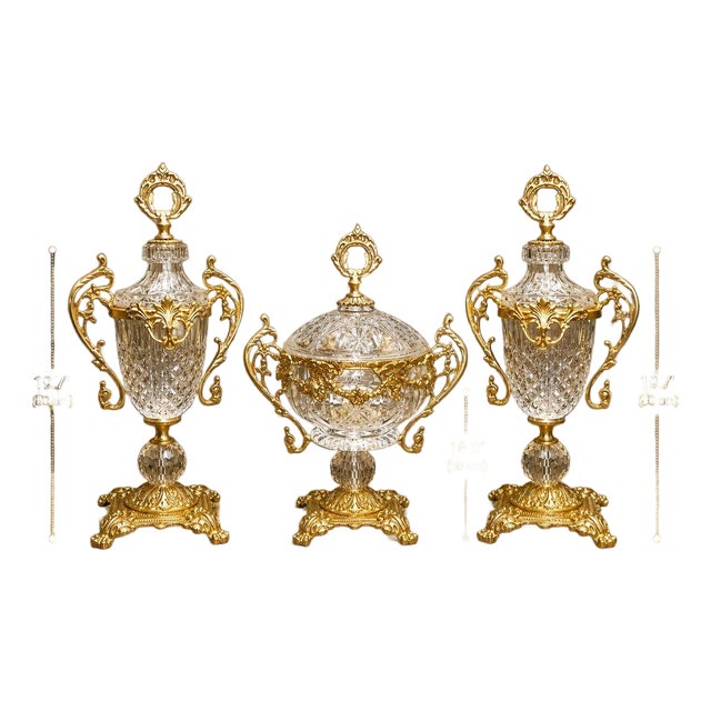 French Rococo Decor | Gilt Bronze Crystal Garniture Set Of 3 For Sale