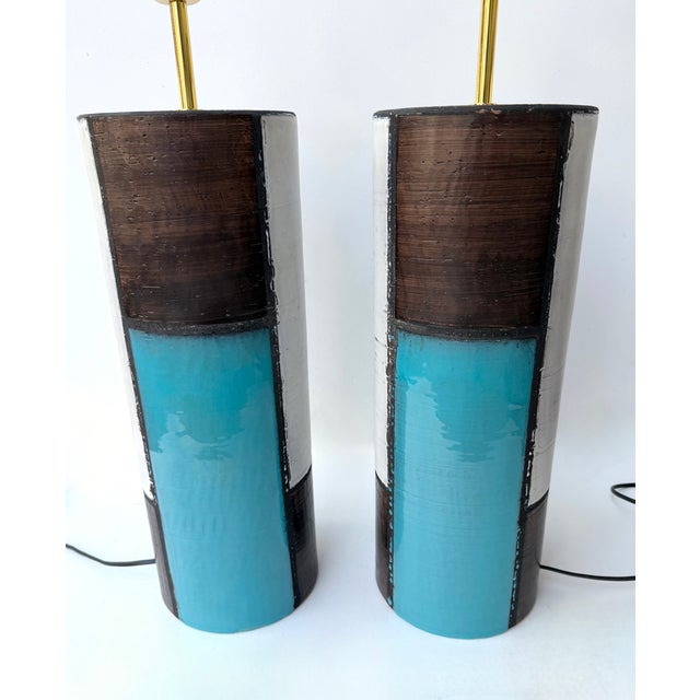 Mid-Century Pair of Ceramic Lamps Mondrian by Bitossi. Italy, 1990s For Sale - Image 11 of 13