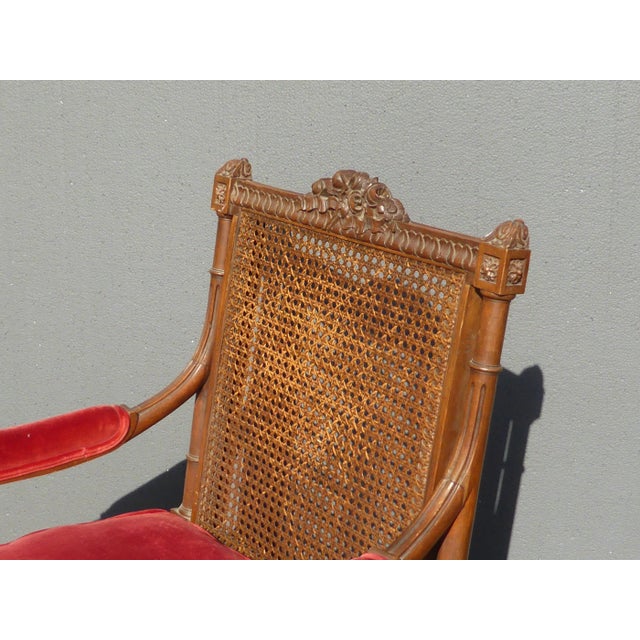 Vintage French Provincial Red Velvet Arm Chair With Cane Back & Goose Down Fill For Sale In Los Angeles - Image 6 of 11