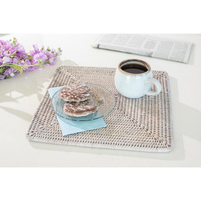Boho Chic Artifacts Rattan Square Placemat in White Wash - 13" For Sale - Image 3 of 7