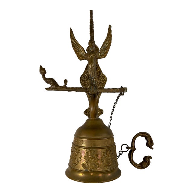 Vintage Brass Church Monastery Angel and Dragon Wall Hanging Bell For Sale