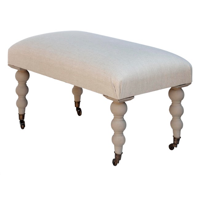 Traditional Late 20th Century Narrow Ottoman in Natural European Linen With Turned Legs on Casters For Sale - Image 3 of 7