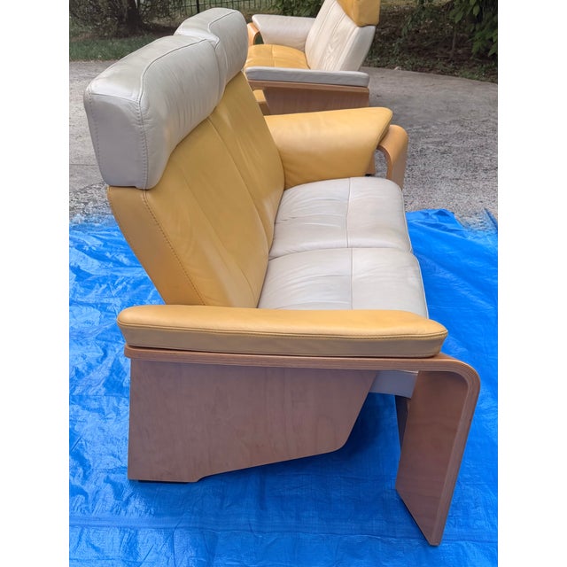 Yellow Ekornes Stressless Mid Century Modern Leather Reclining Sofa and Loveseat For Sale - Image 8 of 14