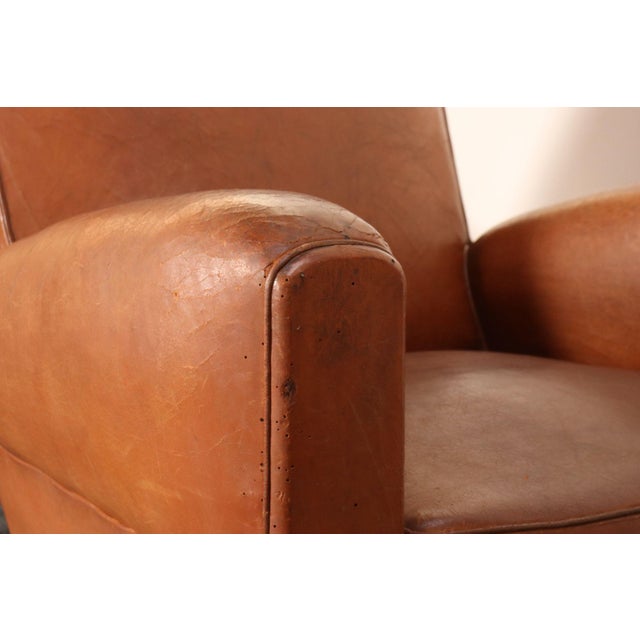 Wood Pair of French Art Deco Leather Angled Back Club Chairs With Nailhead Decoration For Sale - Image 7 of 18