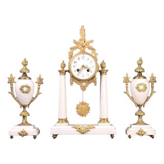 Antique French Mantel Clock Set in Gilt Bronze, 1800s, Set of 3 For Sale