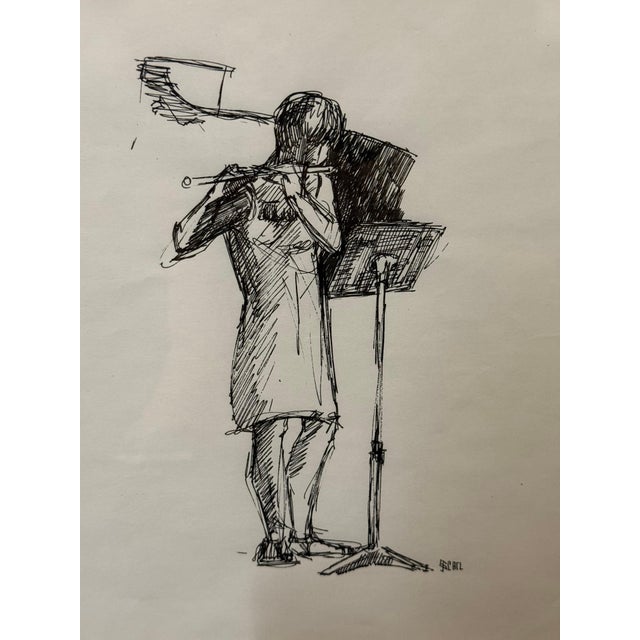 Ink drawing on paper Signed and dated lower margin Description This elegant sketch depicts a flutist poised in...
