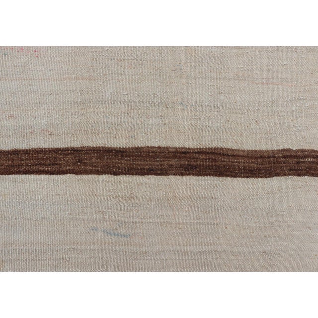 Traditional Vintage Turkish Kilim Rug Ivory Field With Brown Vertical Stripes Wool For Sale - Image 3 of 11