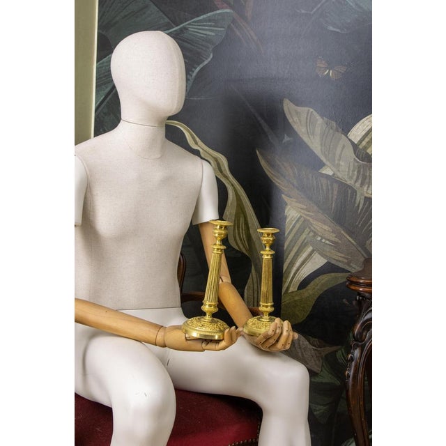 Metal Antique French Brass Candlesticks with Floral Motifs, 1920s, Set of 2 For Sale - Image 7 of 18