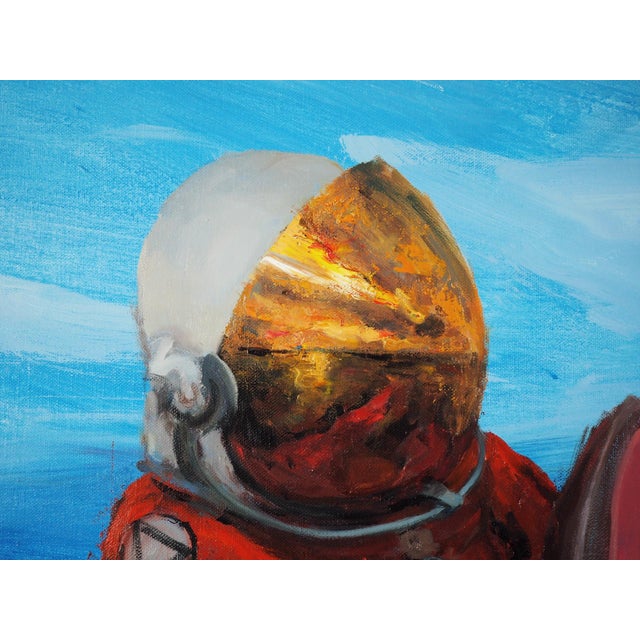The painting depicts an astronaut in a vibrant orange suit, gently resting on a whimsical inflatable pig-shaped float in a...