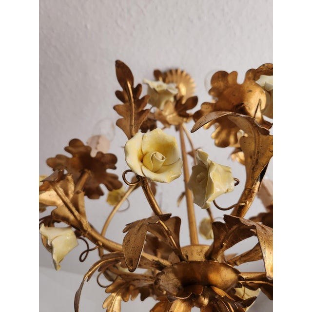 Vintage Gold-Plated and Hand-Forged Florentine Pendant Lamp with Porcelain Roses, 1960s For Sale - Image 16 of 18