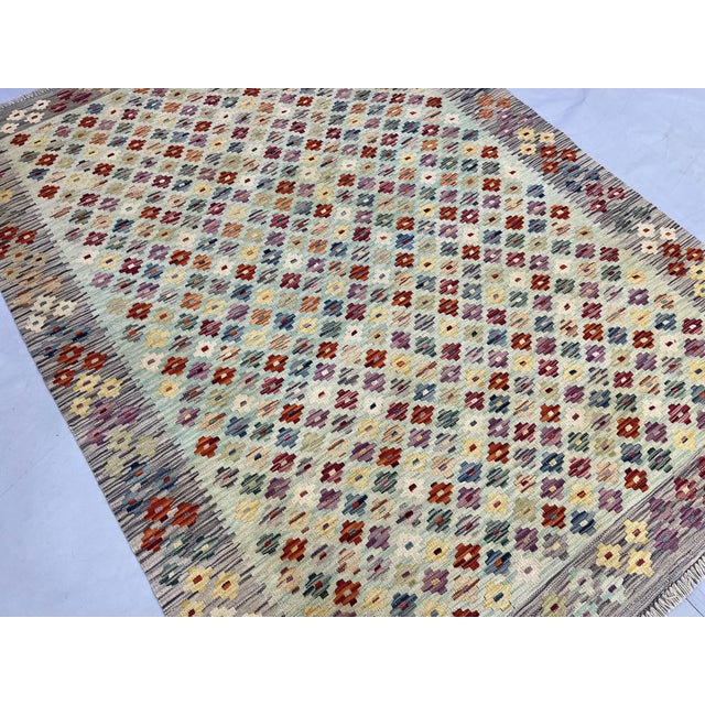5'1" X 6'10" Multicolor Afghan Chobi Wool Flatweave Kilim Rug For Sale - Image 4 of 16