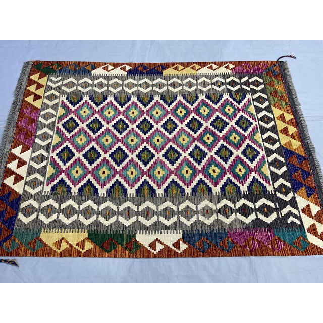 4'2" X 5'10" Multicolor Afghan Chobi Geometric Wool Flatweave Kilim Rug For Sale - Image 4 of 16