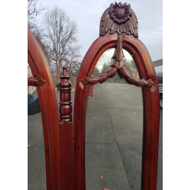 Victorian Style Carved Mahogany Triptych Full Length Floor Mirror For Sale - Image 11 of 13