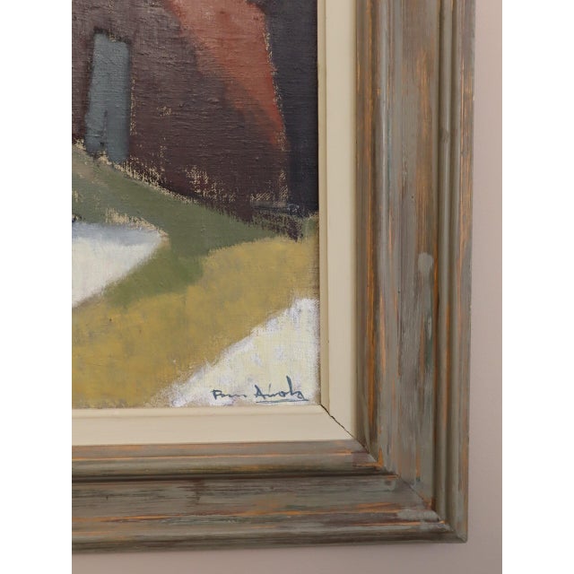 Yellow Mid-Century Modern 'Houses in Snow' Vintage Street Scene Oil Painting by Finnish Artist Paavo Airola (1918 – 1983), Framed For Sale - Image 8 of 13