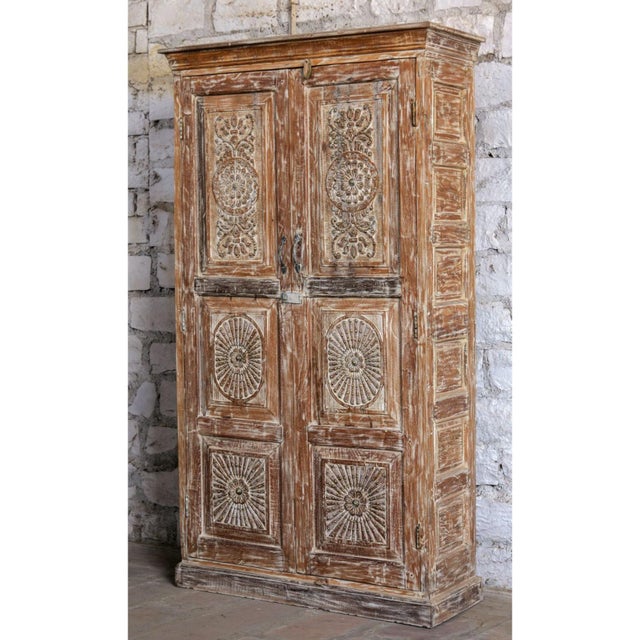 Mid-Century Modern Antique Brass-Studded Wardrobe Armoire | Heritage Revival Handcrafted Cabinet 80x45 For Sale - Image 3 of 7